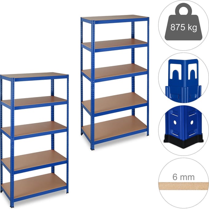 2x stellingkast blauw - opbergrek 5 etages - 180x90x45 cm - metaal - MDF
