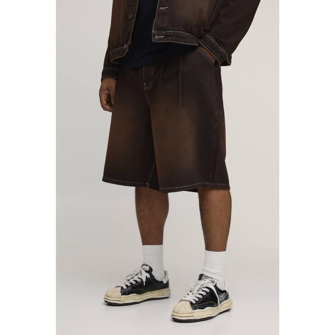 Plus Tinted Washed Pleat Front Parachute Longline Denim Jorts | Dark Chocolate | Size 60