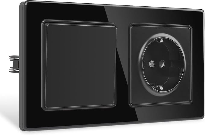 Lichtschakelaar met Stopcontact en Glazen Frame - Inbouwstopcontact Zwart met Dubbele Aansluitingen