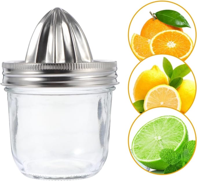 Citruspers Glas - Handige Squeezer - Sap Maken - Met RVS Deksel - 280ml - Zilver