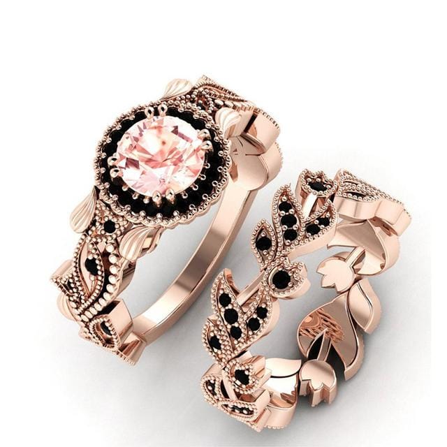 Mode Dames Bloem Blad Ingelegd Poeder Zirkoon Ring Creatieve Rose Goud Kleur Bladeren Ontwerp Bruids Verlovingsring Set 8 beige