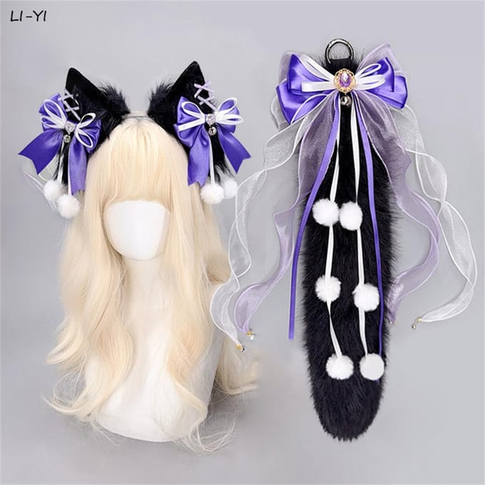 2 Pièces/Ensemble Bandeau Oreilles de Chat Loup Accessoires Queue de Renard Animal en Peluche Costume Cosplay Oreilles d'Animal Queue Accessoires de Taille Faits à la Main 1 set gray