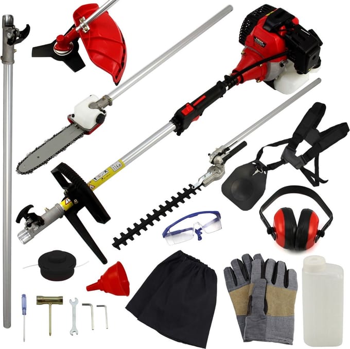 5-in-1 multitool voor de tuin - rood/zilver - 100cm - 52cc benzine