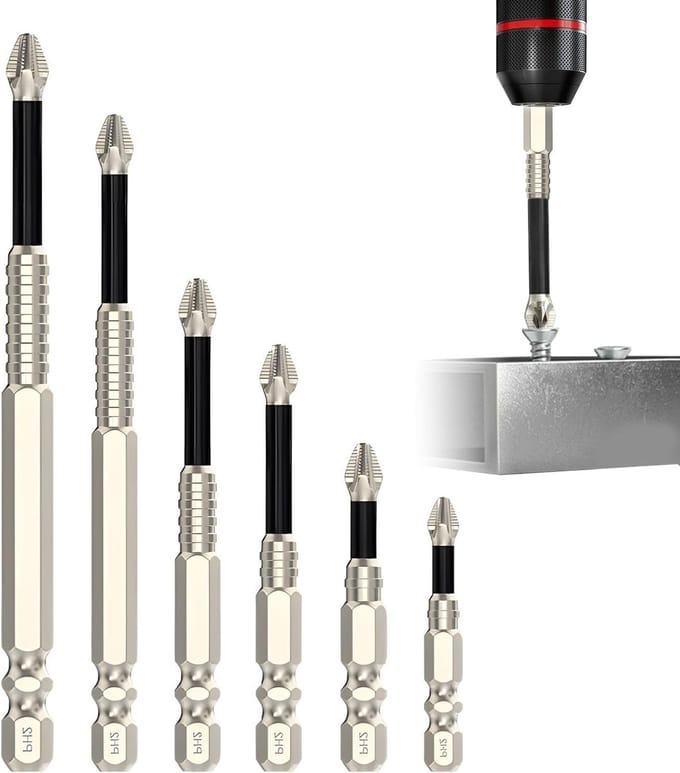 Set van 6 Magnetische Schroevendraaier Bits met Antislip Grip en Diverse Lengtes (25-150mm) voor Precisiewerk en Klussen