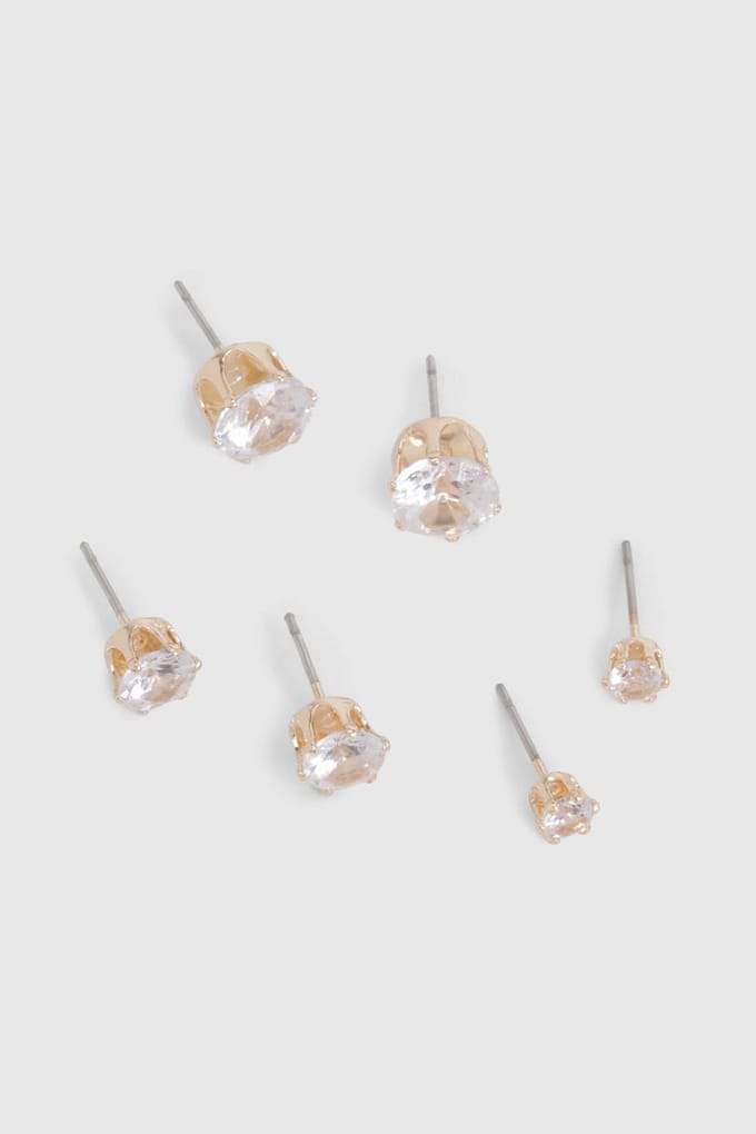 boohoo Dames Gouden 3-pack Diamante oorbellen