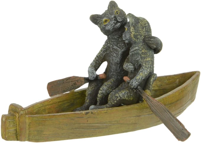 Bronzen beeld - 2 katten in een roeiboot - sculptuur - 8,3 cm hoog