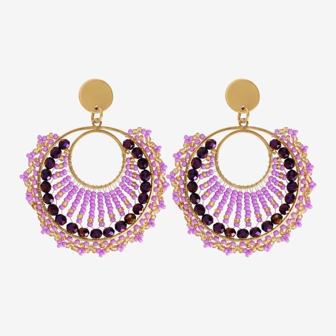 Eleganza Mixed Purple Beads Earrings Gold