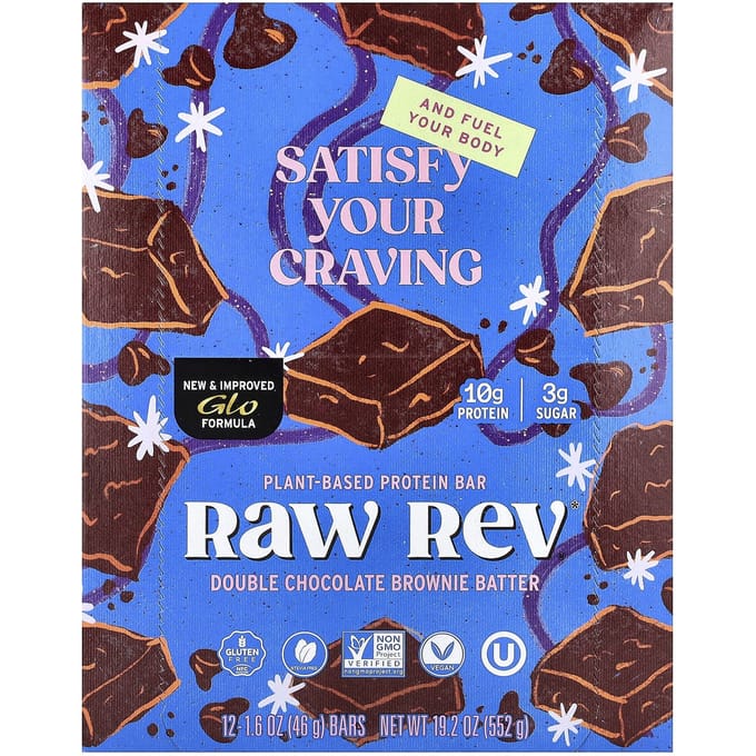 Raw Rev, Glo, Pâte à brownie double chocolat, 12 sachets, 45 g (46 grammes) Chaque