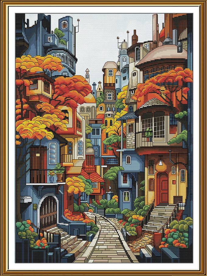 Borduurpakket Nova Sloboda - Autumn Town - Herfststad - bewerkte achtergrond