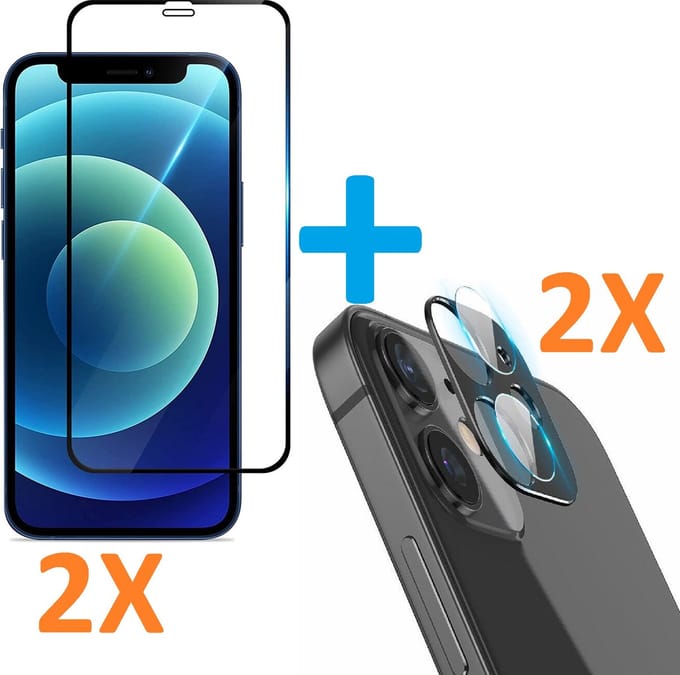 2X Volledige Dekking Scherm Tempered Glass Screen Protector  + 2X Camera lens Beschermer goud Geschikt voor: Apple iPhone 12