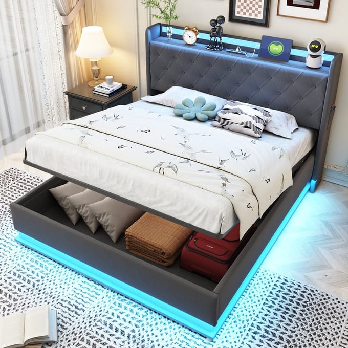 REDOM Ledikant 140x200 cm – Linnen grijs – Met LED-verlichting, USB & hydraulische opbergruimte