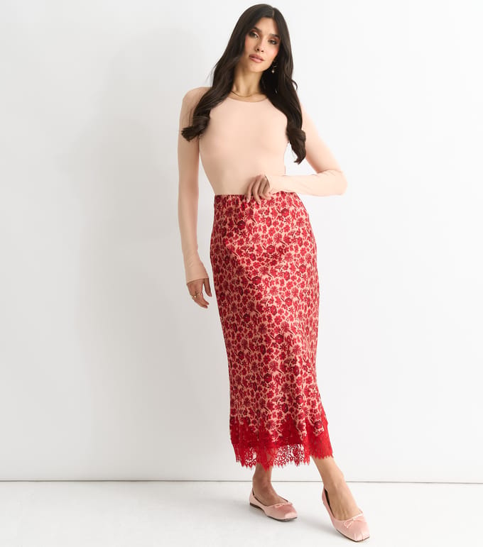 Rood Bloemige Kanten Rand Midi Rok
