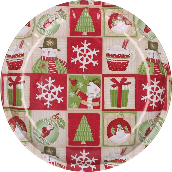 HI bord met sneeuwpop - rood/groen - metaal - 26 cm - kerstontbijt - kerstdiner - kerstartikelen