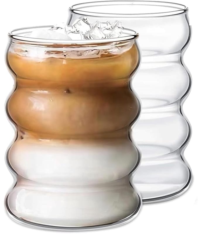Glozini Wavy Bubbelglazen - 360ml - Set van 2 - Geribbelde Glazen - Bubble Glas - Esthetische Cocktailglazen