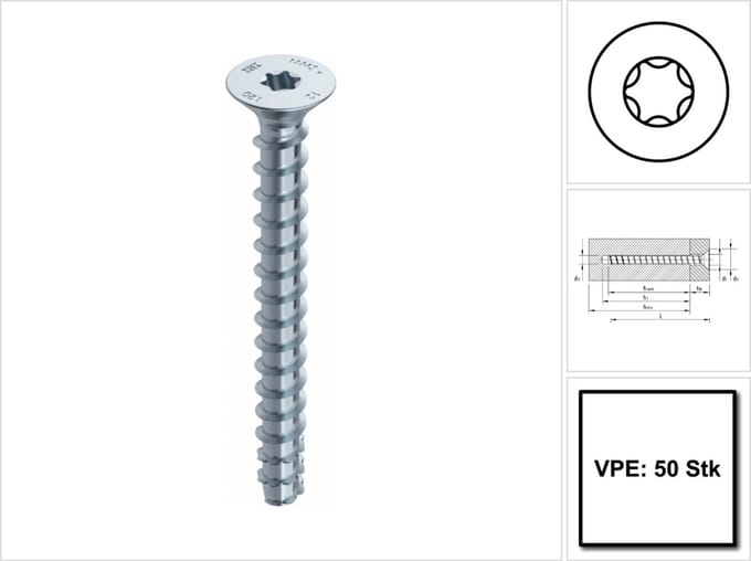 HECO MULTI-MONTI-plus schroefanker 6x80mm - platkop - verzinkt - T30 - 48501 (Per 50 stuks)