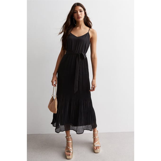 Zwarte Cami Top Geplooide Midi Jurk