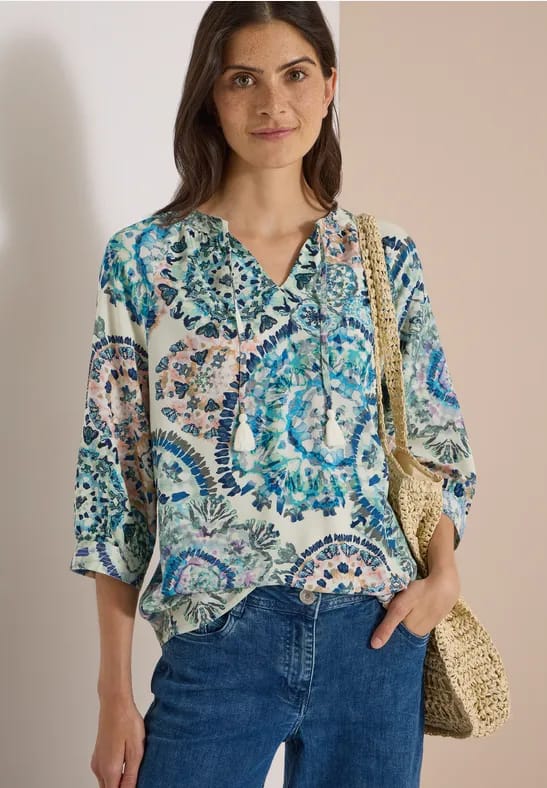 Blouse met 3/4-mouwen, split in de hals en print