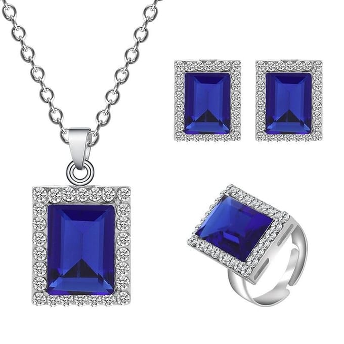 Tendance mode, collier carré en diamant à personnalité simple, boucles d'oreilles à tige, ensemble de bagues en trois pièces vert