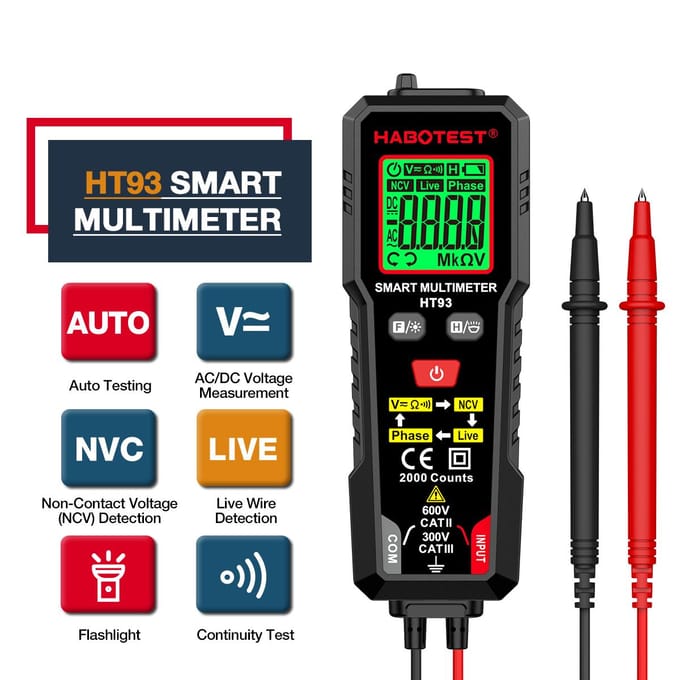 HABOTEST HT93 Digitale multimeter spanningstester 2000 tellingen voltmeter ohmmeter automatisch bereik zwart