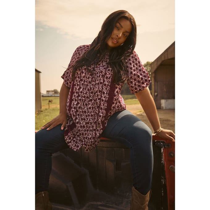 Yours Donkerroze Blouse Met Bloemenprint En Plooien Size 48