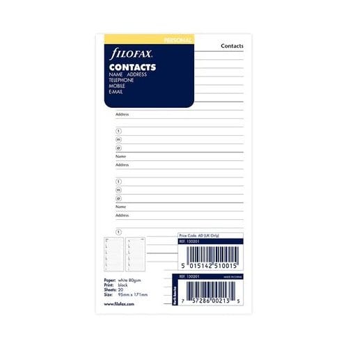 Filofax organiser interieur, formaat personal, contacten