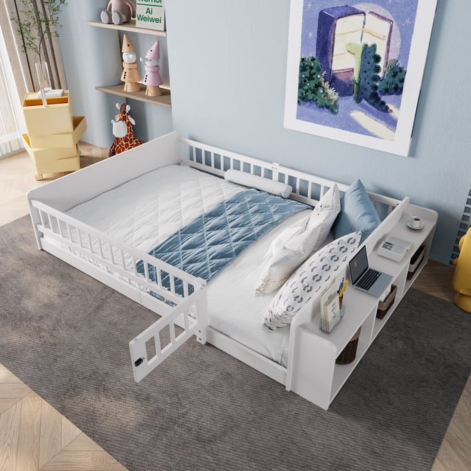 Kinderbed - 140 x 200 cm - Open opberging - Planken - Te openen behuizing - Zonder matras - Wit