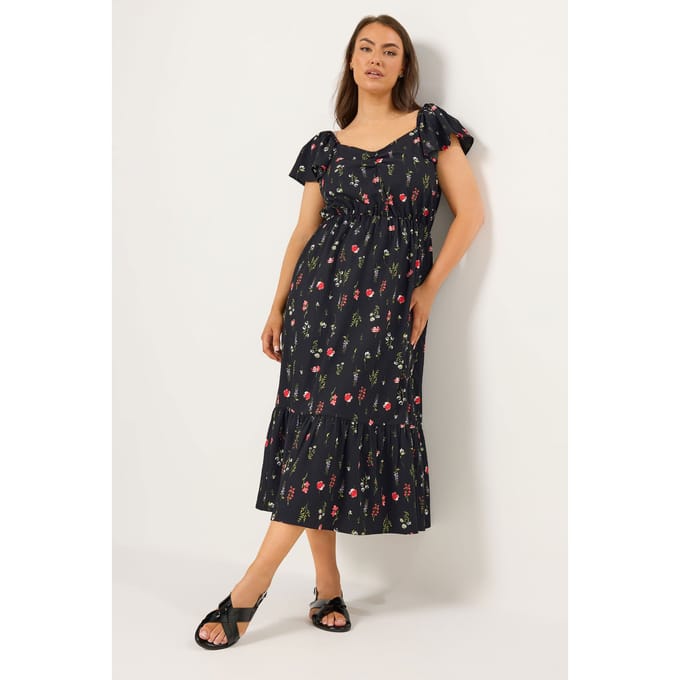 Yours Zwarte Maxijurk Met Bloemenprint En Plooien Size 44