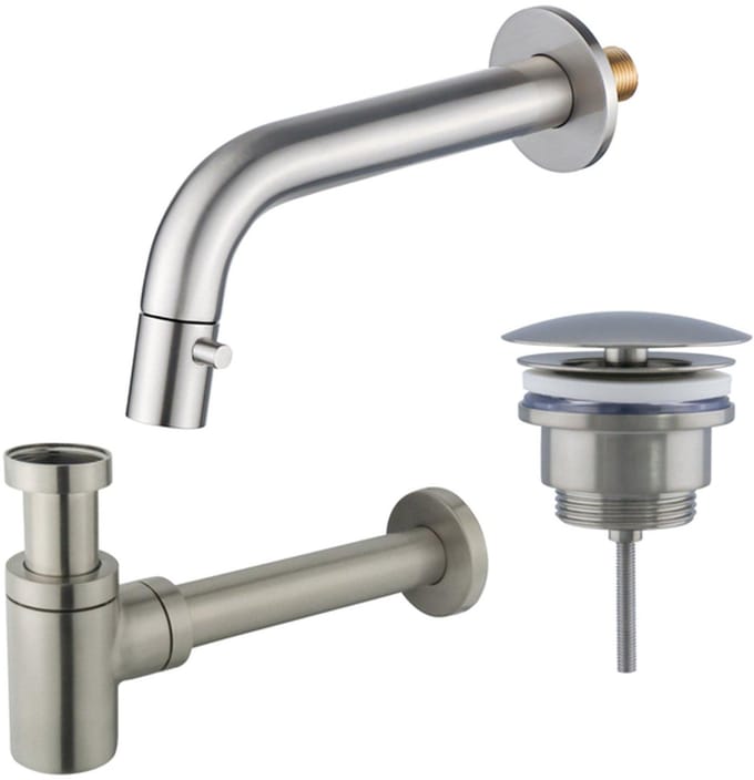 FugaFlow Eccelente Acces Fonteinkraanset - inbouw - uitloop 18cm - inkortbaar - sifon - always open plug - Geborsteld RVS PVD (RVS)