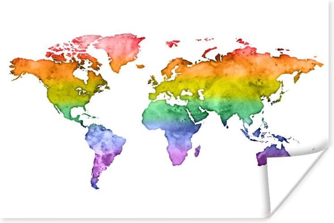 Poster - Wereldkaart - Pride vlag - Waterverf - 120x80 cm