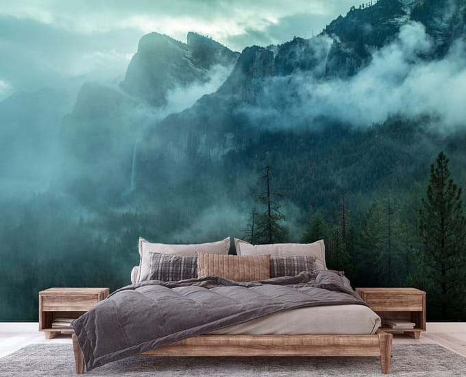 Fotobehang - Bergen - Mist - Bomen - Landschap - Vliesbehang - (368 x 254 cm)