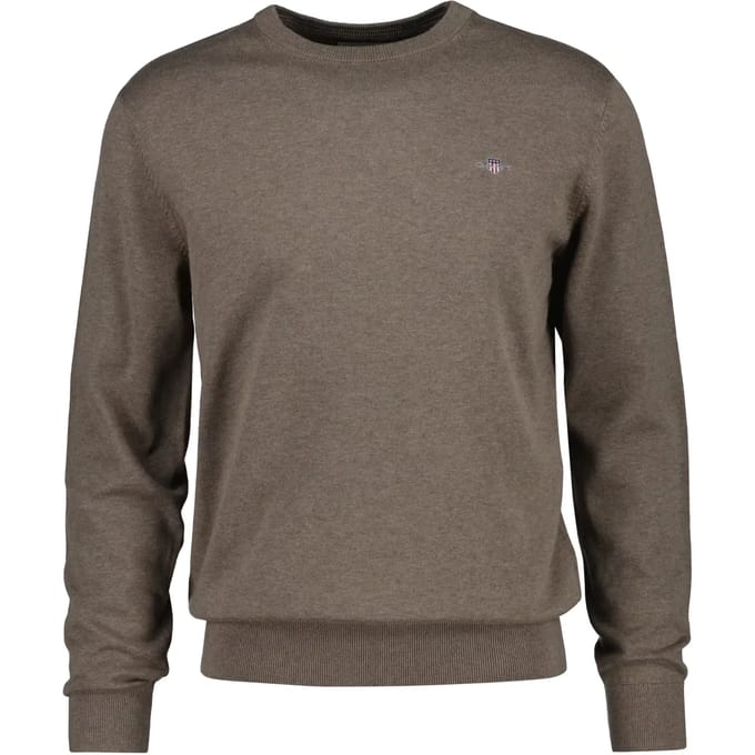 Gant Trui Cotton Plain Jersey Knit Sweater Small Archive Shield Logo Dark Hazelnut Melange / male