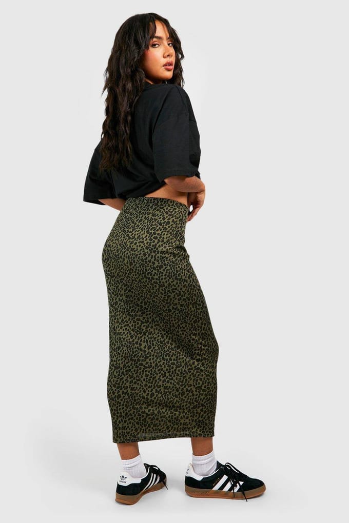 boohoo Dames Leopard Geribde Midaxi Rok | Kaki | Maat: 36