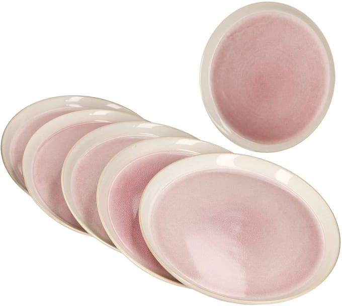 Set van 6 REACTIVE GLAZE PARIS crème & roze steengoed dinerborden