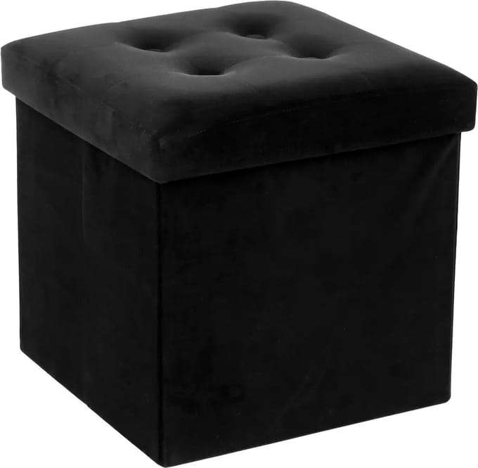 Atmosphera Poef - zwart - 38 x 38 cm - mdf/fluweel - hocker - opbergbox - opvouwbaar