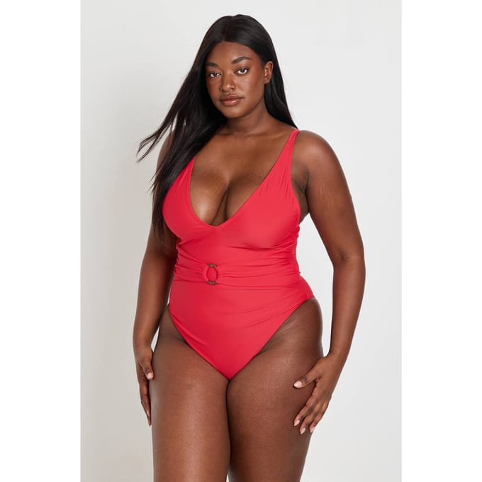 boohoo Dames Plus Buikcontrolerende O-ring Badpak Met Diepe V-hals | Rood | Maat: 52