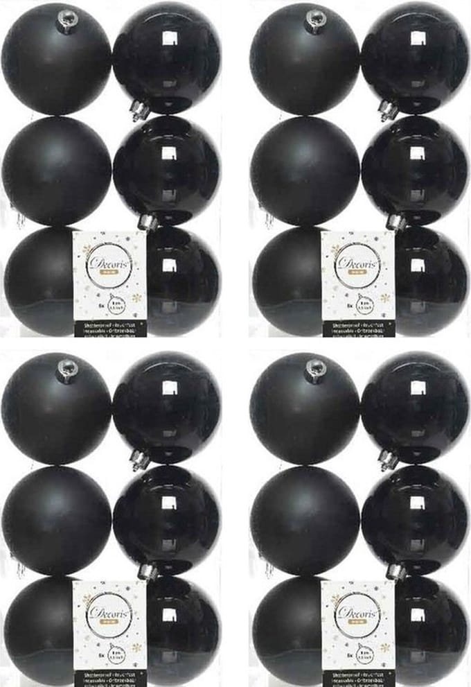 Decoris kerstballen - 24x st - zwart - 8 cm - kunststof - mat en glans - kerstversiering