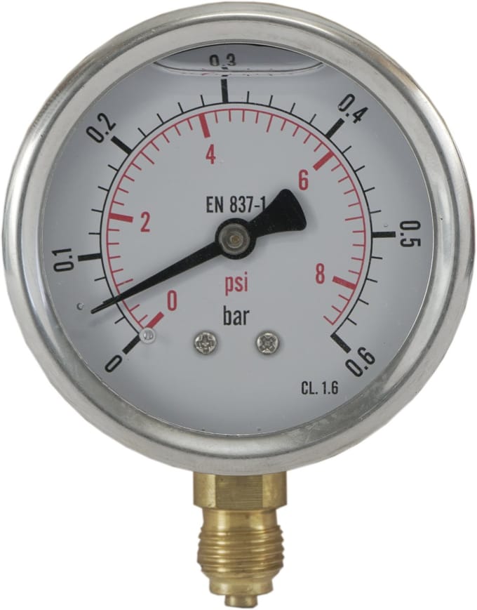 0..0.6 Bar Glycerine Manometer Onderaansluiting RVS/Messing 63 mm Klasse 1.6 - ML00P663SVG