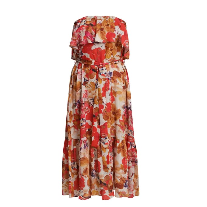 Bloemige strapless jurk met ceintuur dames Mat Fashion