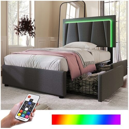 Merax Gestoffeerd kinderbed 90 x 200 cm 2 lades + verstelbaar hoofdeinde - LED's - Grijs