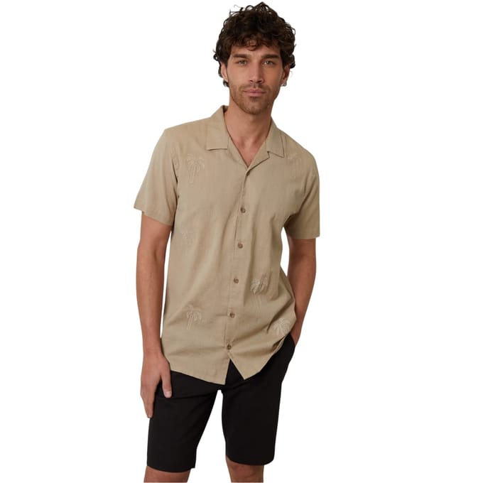 Threadbare Heren Borduuroverhemd met Korte Mouwen (Stone)