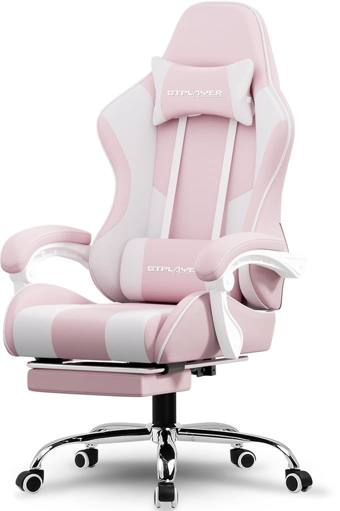 GTPLAYER Gamingstoel 135° verstelbaar, ergonomisch, met uitschuifbare voetsteun - Roze stof