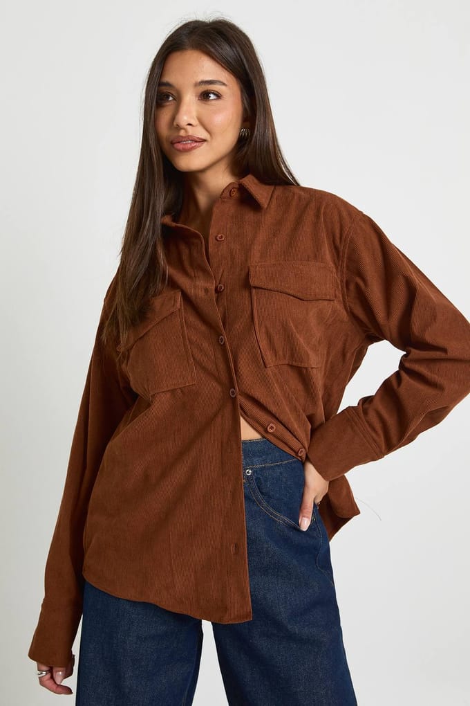 boohoo Dames Oversized cordhemd | Tan | Maat: 34