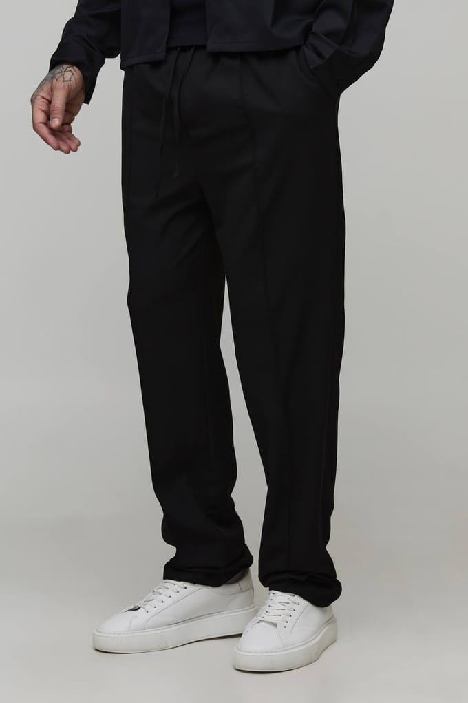 Tall Straight Fit Smart Elasticated Pintuck Trousers | Black | Size Small