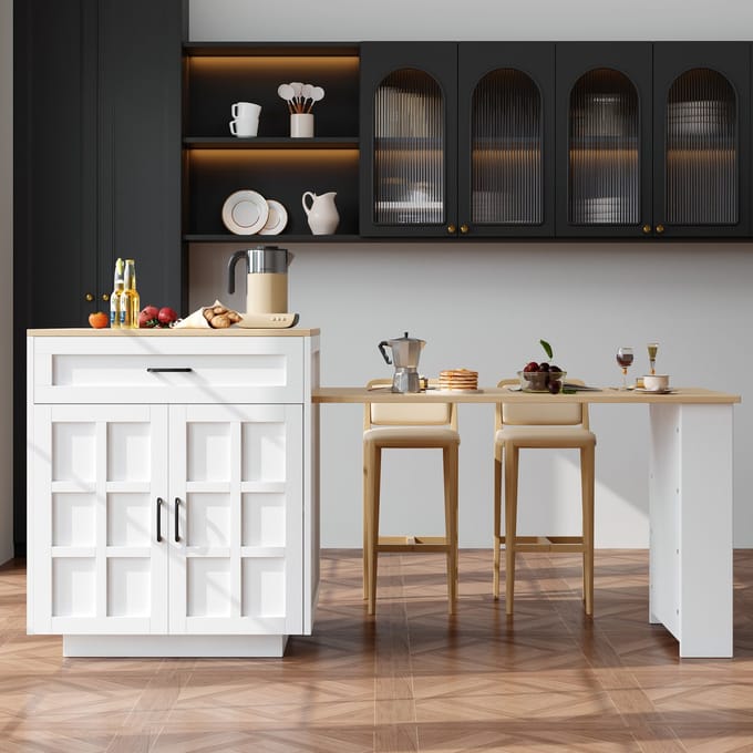 MODFU Uitschuifbare Bartafel Met Opbergruimte - Open Vakken En Lade - Modern - MDF - Wit - 133-202 x 70 x 93,5 cm