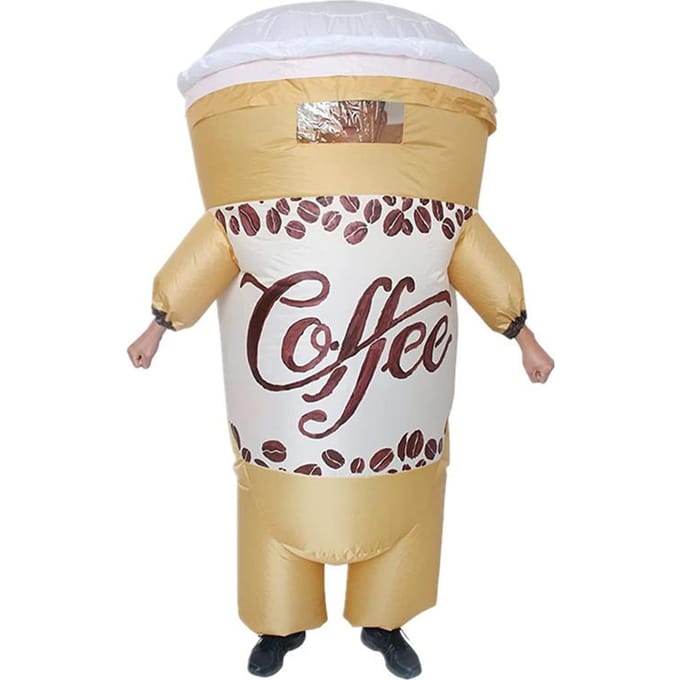 Grappig koffiekopje opblaaskostuum, volwassen 150-190cm geel
