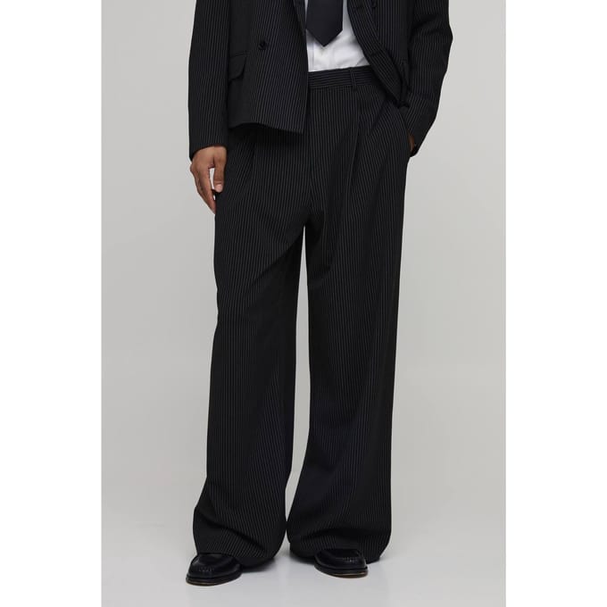 Gestreepte Wijde Pijpen Plooivoorkant Gesneden Pantalon | Black | Size 28