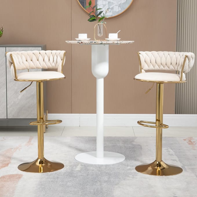 STILVORA Barstoel - Luxe Samt Set van 2 - 360° Draaiend & Verstelbare Hoogte - Voor Keuken en Eetkamer - Crème