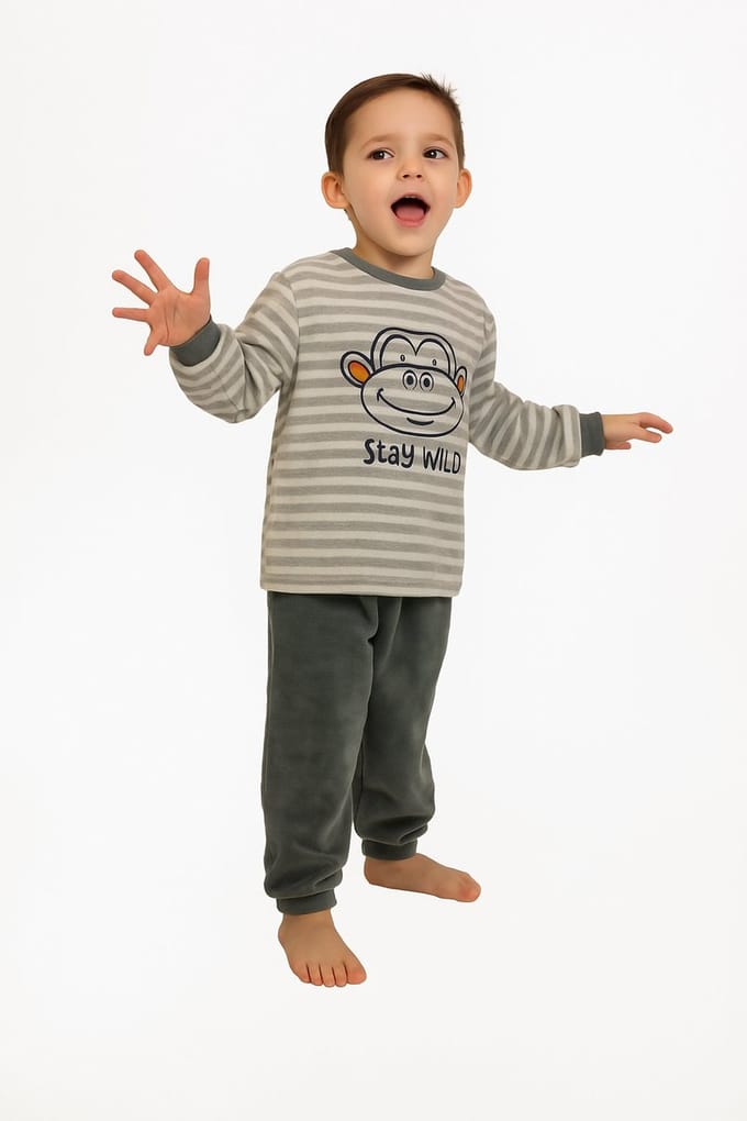 Outfitter - Jongens Pyjama - Velours - Monkey - Grijs - Maat 116