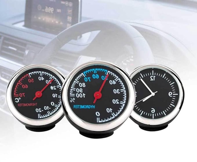 Auto Klok Hygrometer - Dashboard Meetinstrument - Interieur Auto - Met Achtergrondverlichting - 4cm Diameter - Zwart