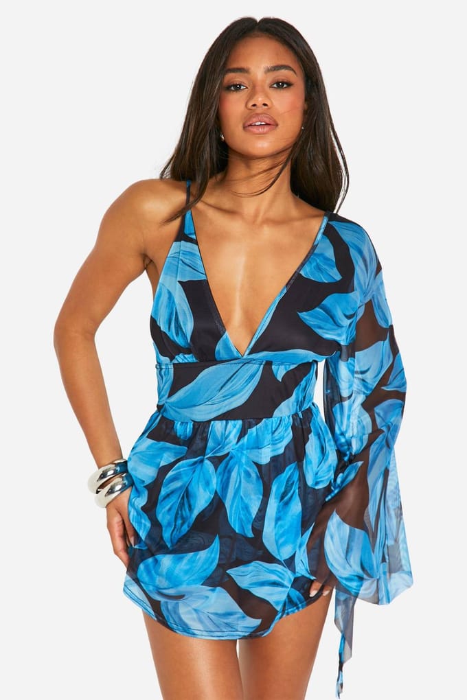 boohoo Dames Gevoerde Mesh Bladerenprint Skort Playsuit | Zwart | Maat: 40